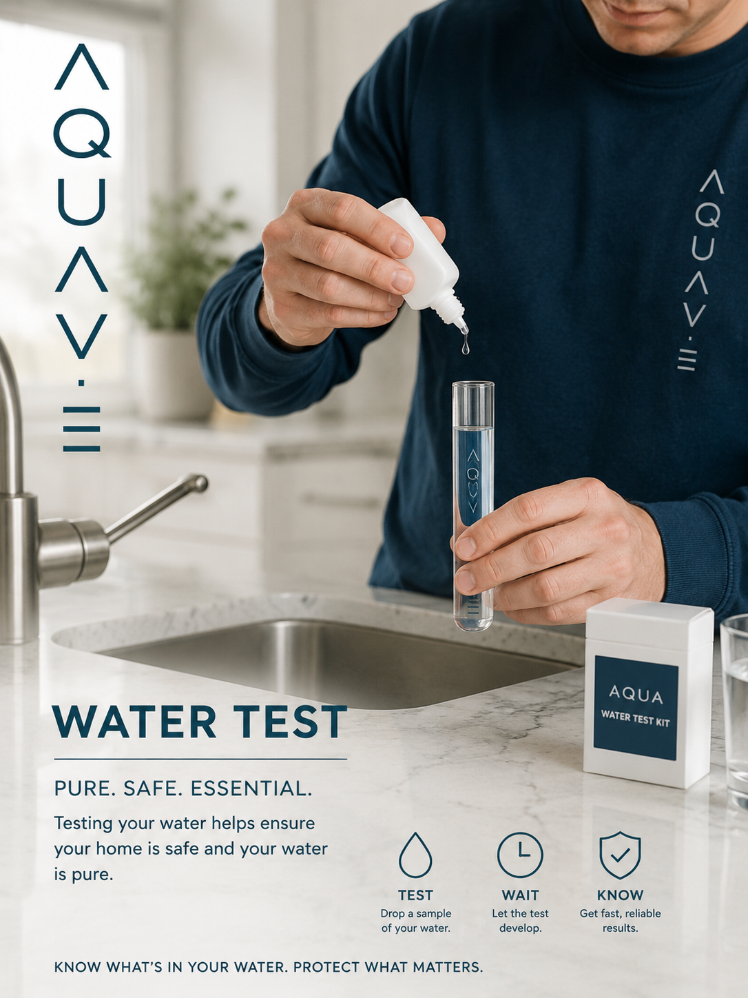 AquaVie in-home water test kit being used at a kitchen sink