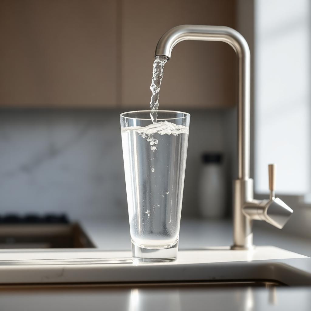Crystal clear filtered water being poured into a glass