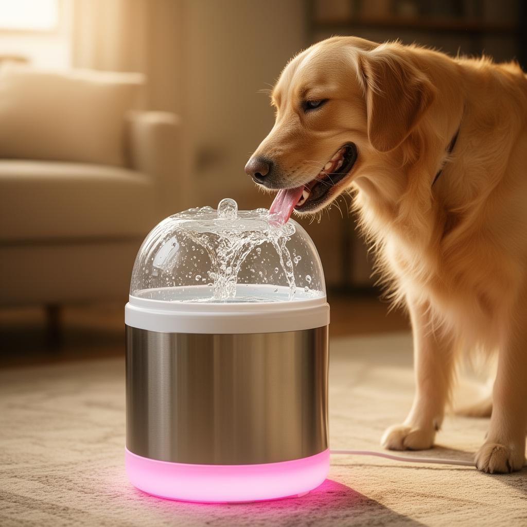 Happy dog drinking from a modern filtered water fountain